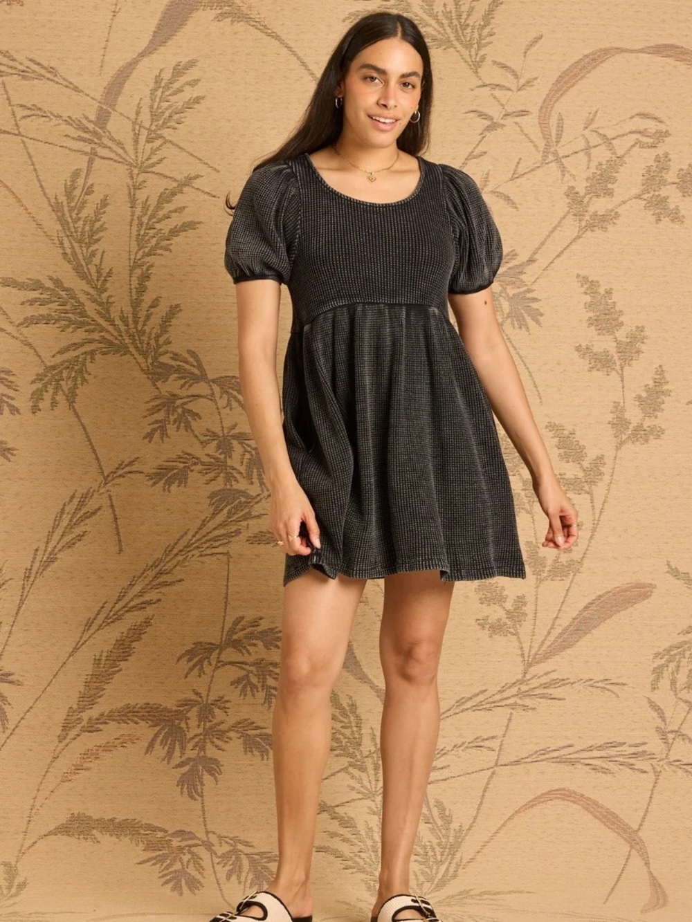 Known Supply Ethel Waffle Knit Mini Dress Gray Organic Cotton